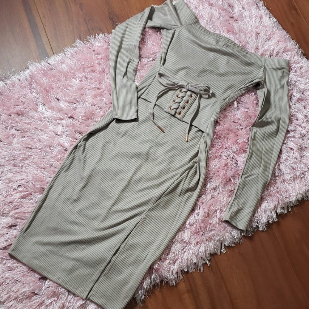 Beige off the shoulder midi dress